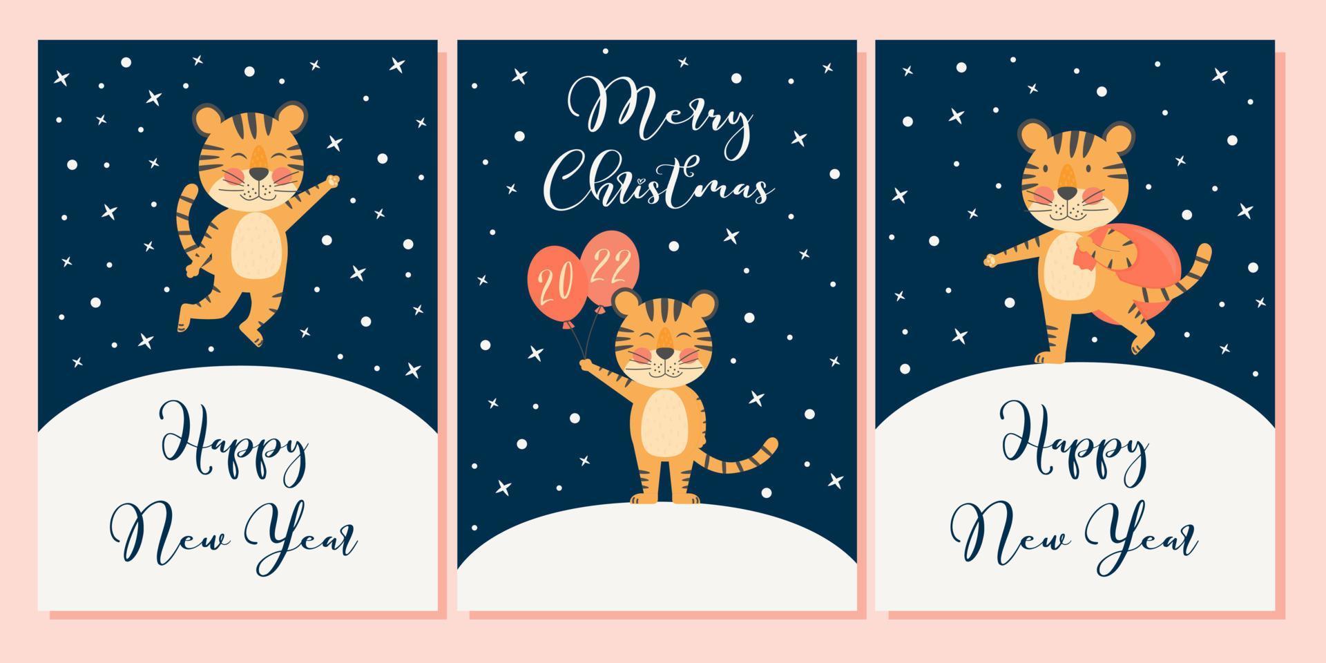 joyeux noël et bonne année cartes de vœux définir des bannières avec symbole tigre mignon 2022 année mascotte vacances hiver concept avec caractère plat vectoriel