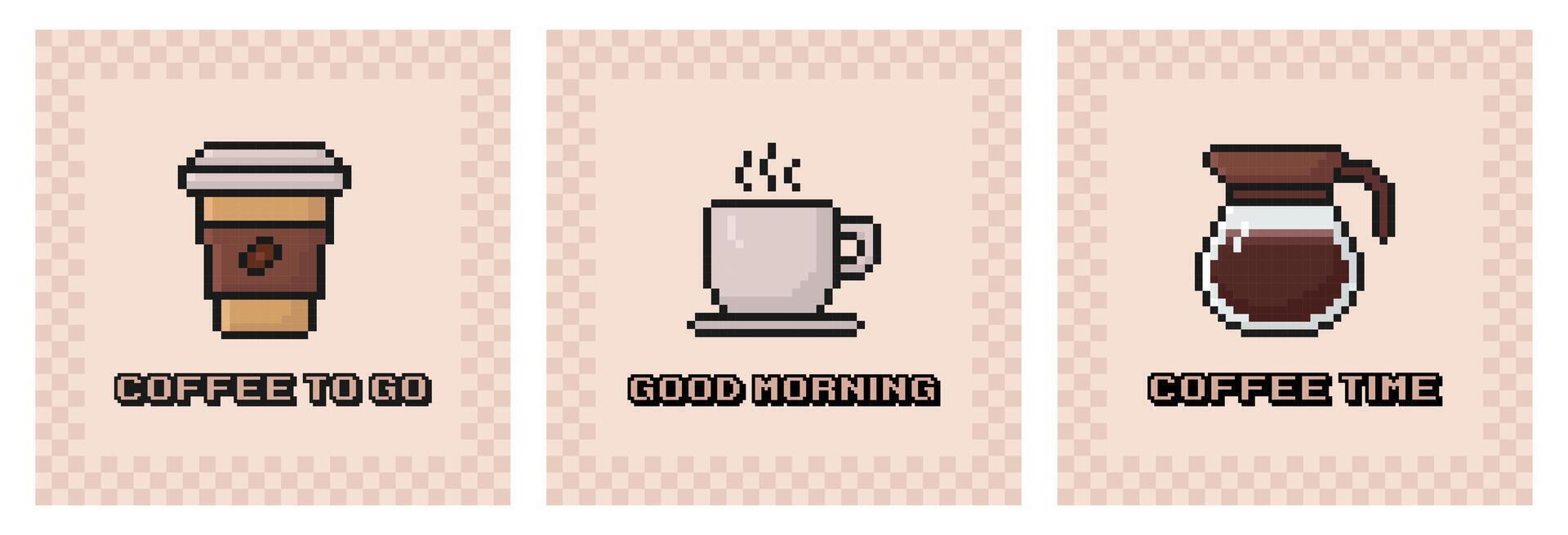 café pixel art affiche ensemble, années 80, Années 90 arcade Jeu style, café tasse, tasse, pot, carte postale, nostalgie, latté, cappuccino, Expresso, illustration vecteur