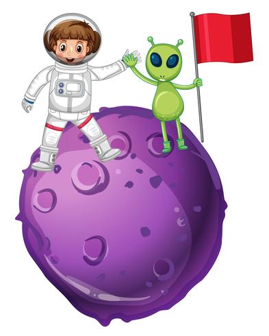 Astronaute et alien sur la planète violette vecteur