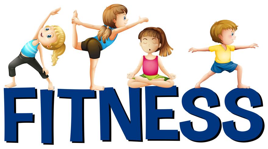 Word fitness avec des gens qui font du yoga vecteur