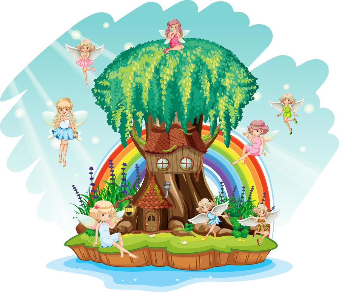 maison d'arbre fantastique à l'intérieur d'un tronc d'arbre avec des fées et un arc-en-ciel vecteur