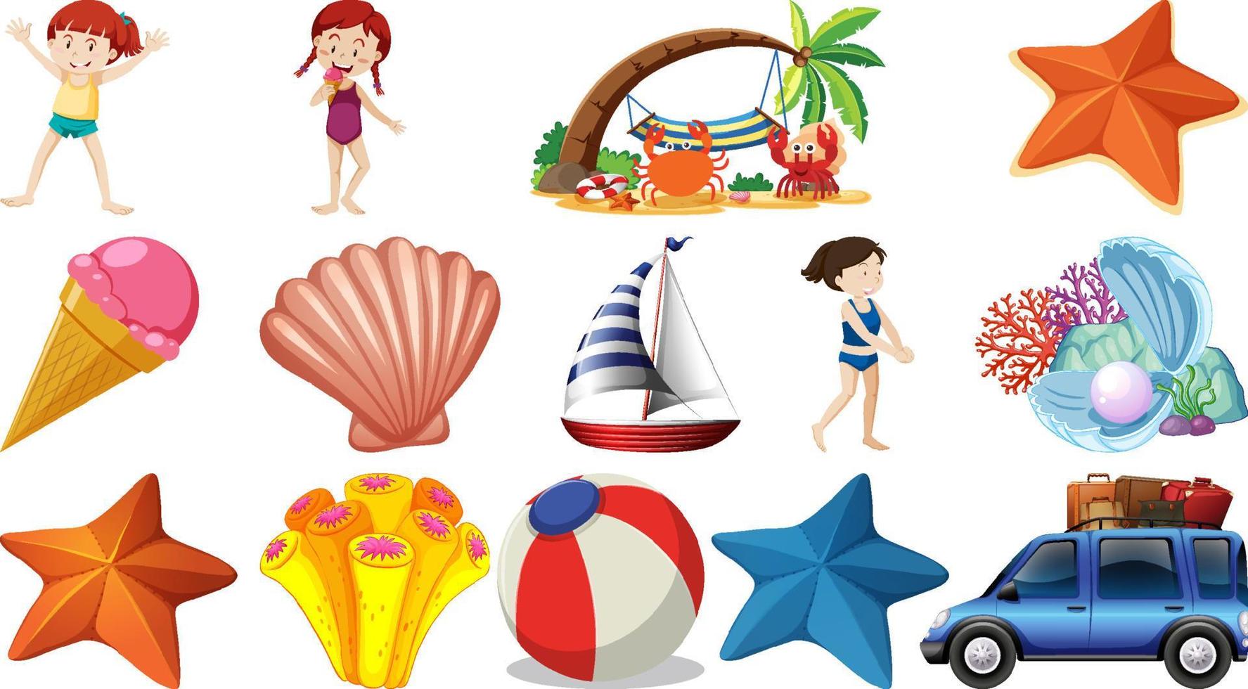 ensemble d'objets de plage d'été et de personnages de dessins animés vecteur