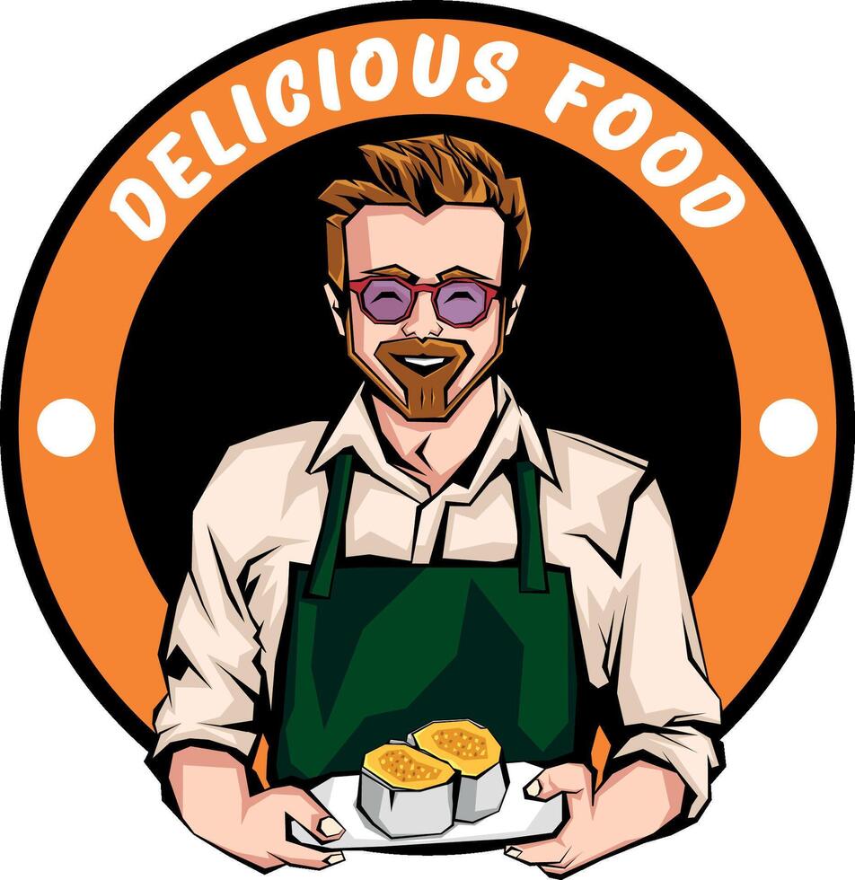 serveur avec des lunettes montrant assiette de Sushi, bande dessinée illustration pour gourmet nourriture restaurant logo vecteur