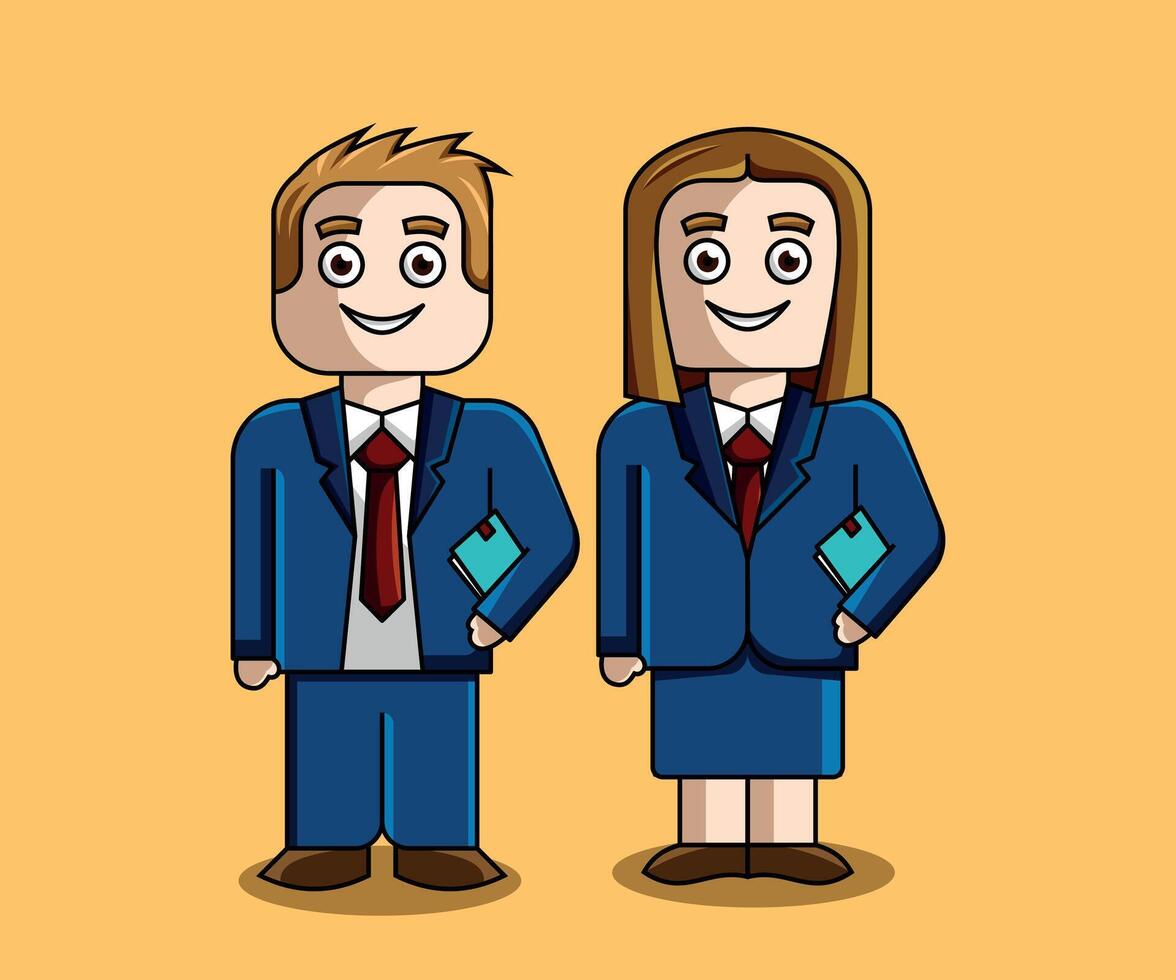 dessin animé illustration de une homme et une femme avec élégant bleu exécutif costume et rouge attacher vecteur