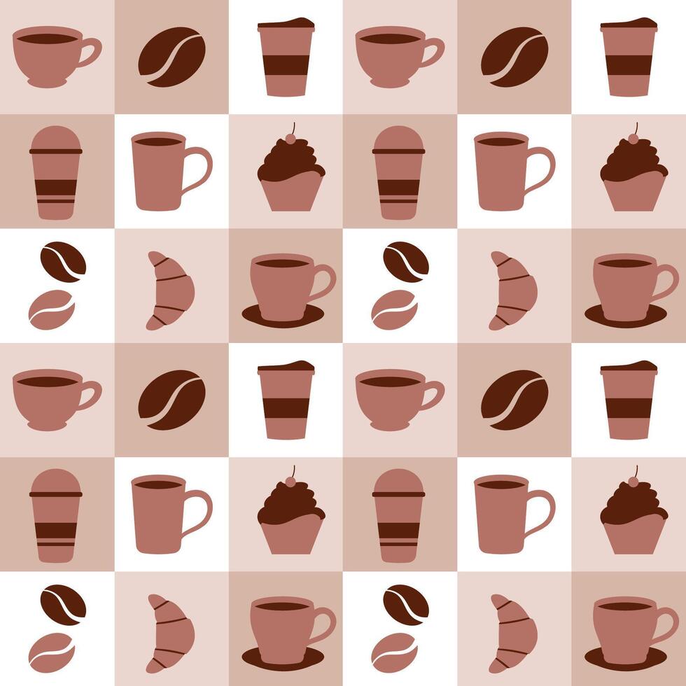 café temps sans couture modèle conception avec cacao haricots, céréales et cruche dans dessin animé plat illustration vecteur