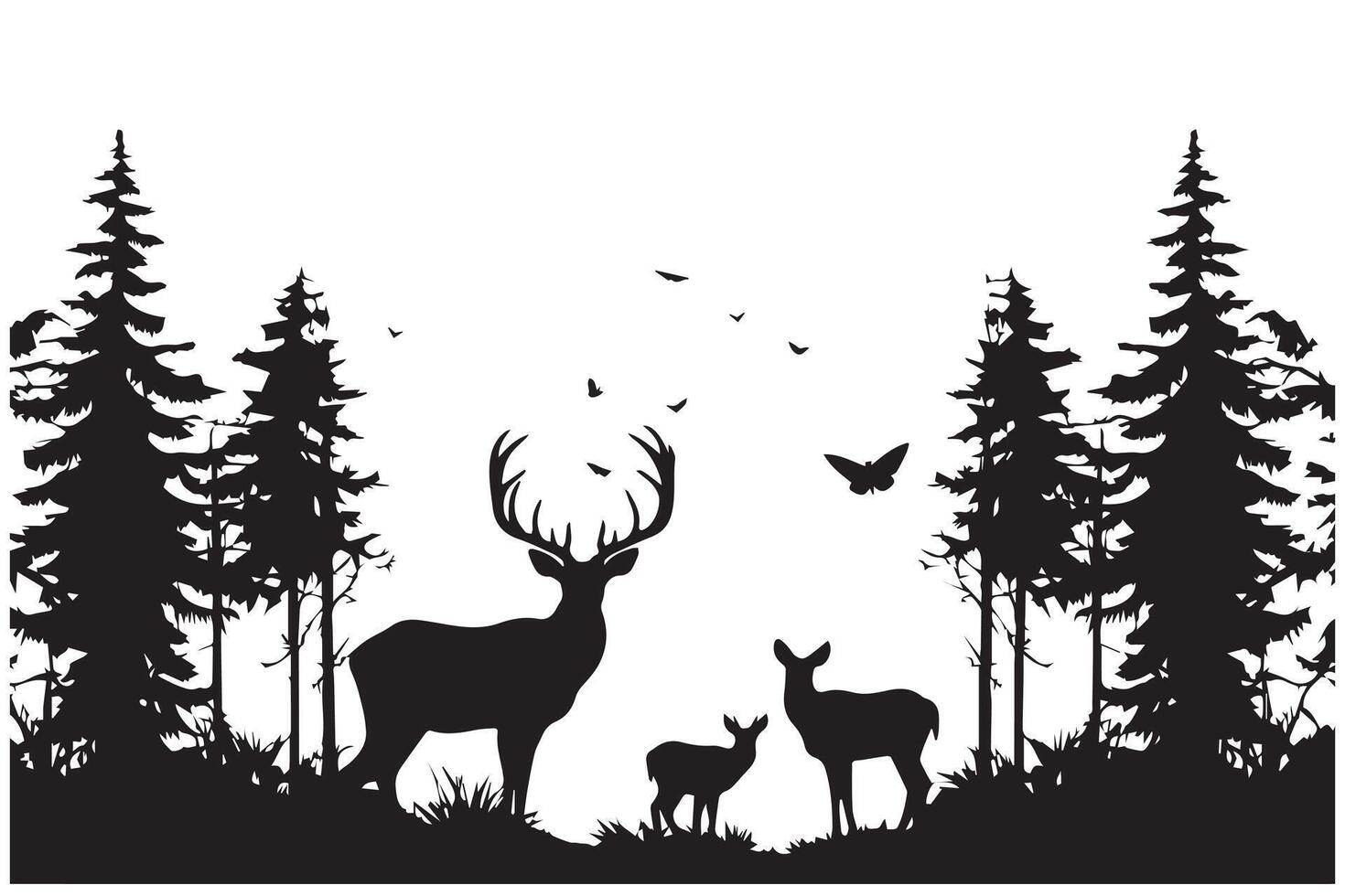 forêt des arbres cerf famille silhouettes vecteur