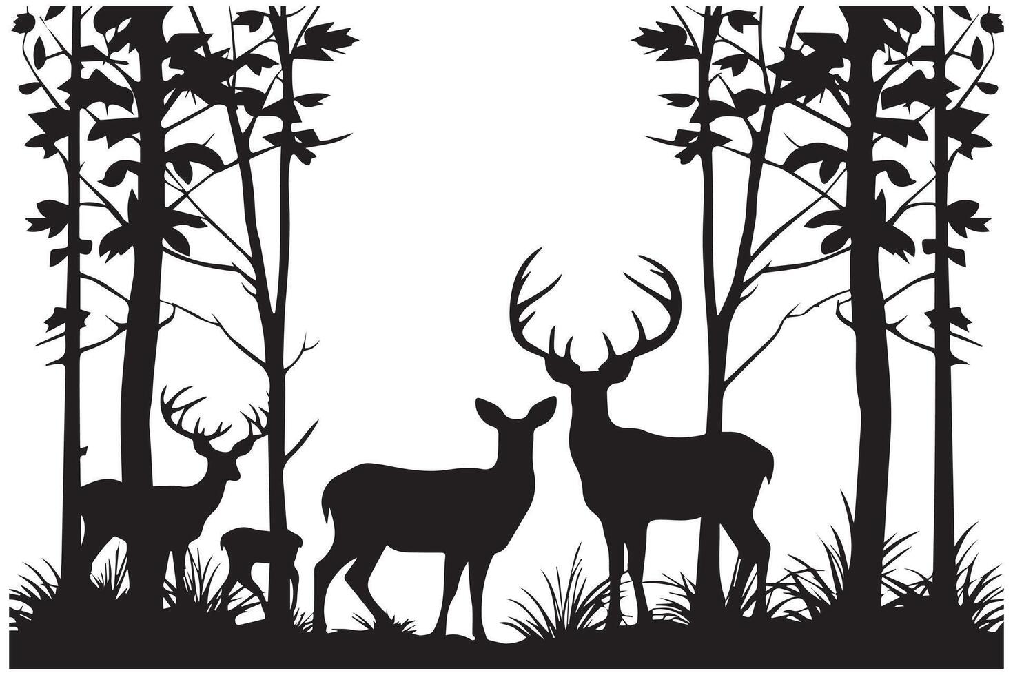 ancien forêt paysage avec noir et blanc silhouettes de des arbres et sauvage animaux vecteur