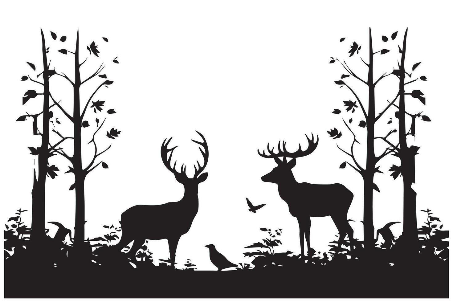 forêt des arbres silhouettes, cerf animal et canard troupeau, chasse sport. la nature paysage ou faune scène Contexte avec pin les bois et déchue arbre vecteur