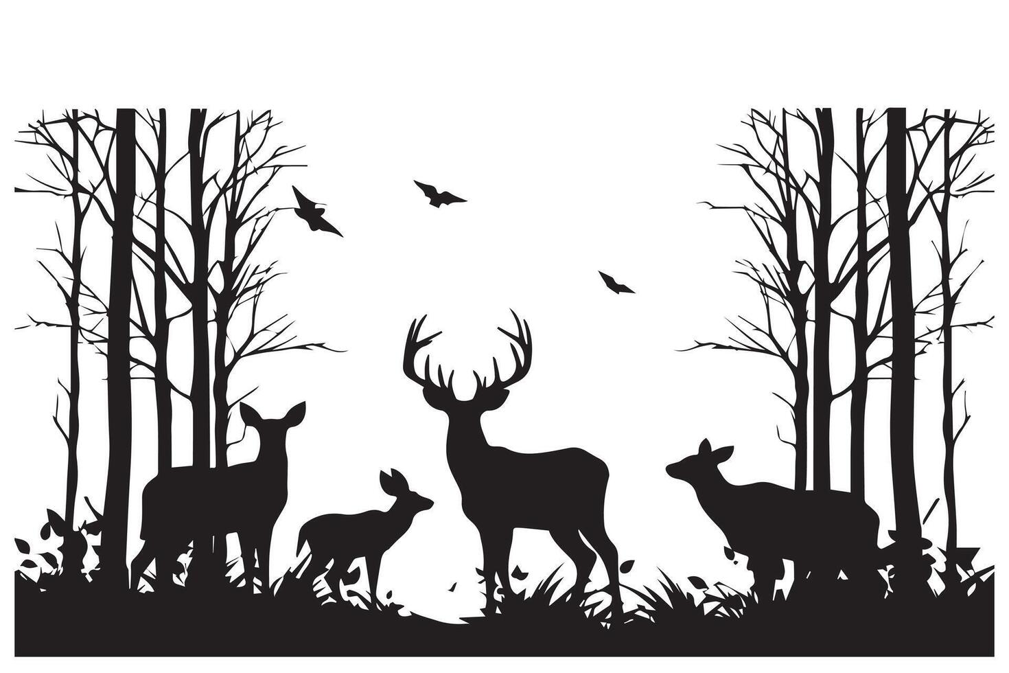 noir silhouette forêt et somme cerf et oiseau blanc Contexte pro conception vecteur