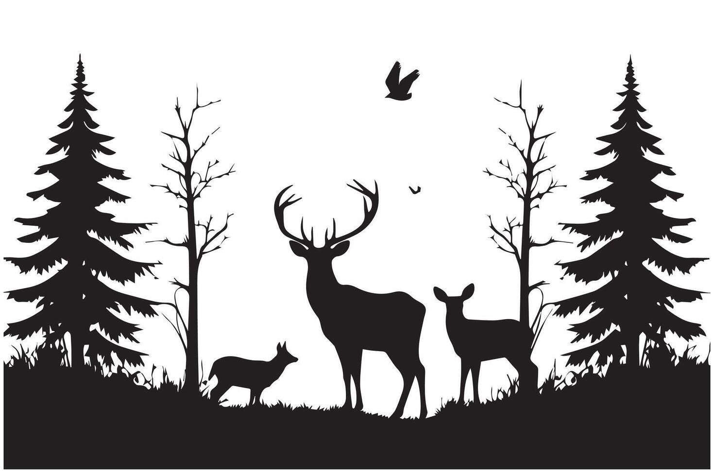 forêt des arbres silhouettes, cerf animal et canard troupeau, chasse sport. la nature paysage ou faune scène Contexte avec pin les bois et déchue arbre vecteur