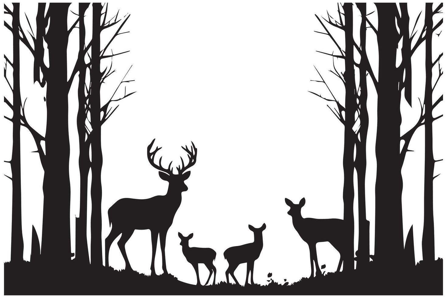 forêt des arbres cerf famille silhouettes vecteur