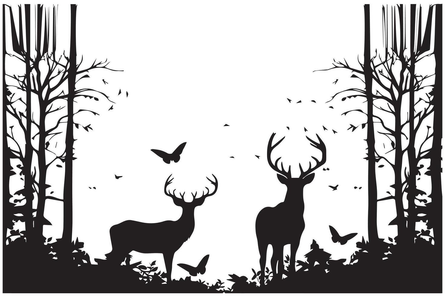 ancien forêt paysage avec noir et blanc silhouettes de des arbres et sauvage animaux vecteur