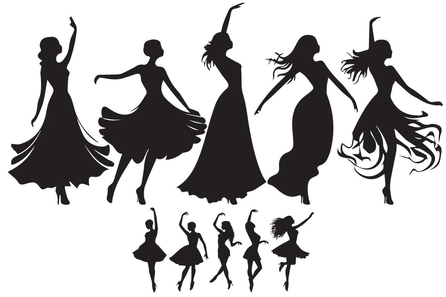 dansant fille groupe noir silhouette femelle figure isolé plus de blanc Contexte illustration vecteur