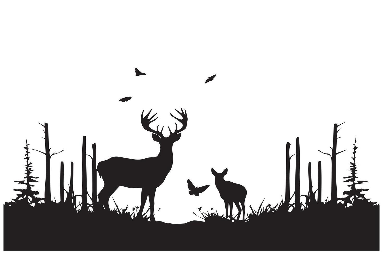 noir silhouette forêt et somme cerf et oiseau blanc Contexte pro conception vecteur