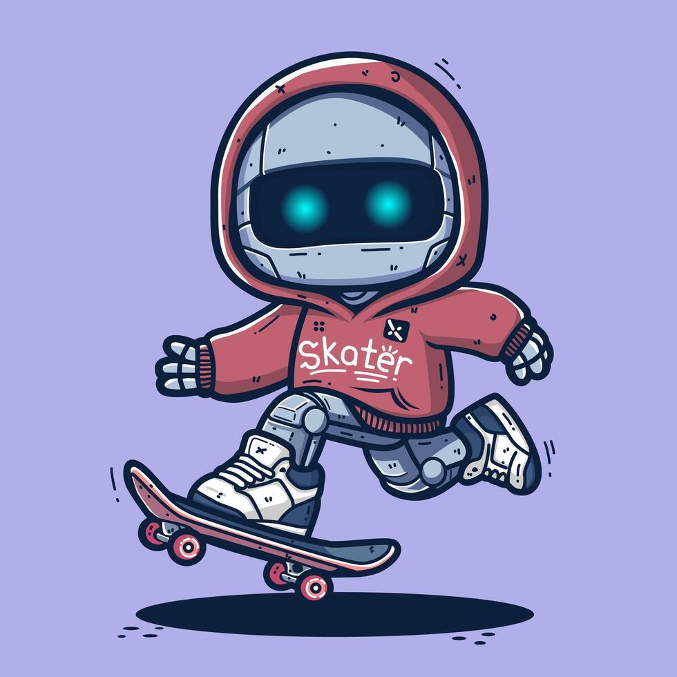 mignonne dessin animé patineur robot portant sweat à capuche et des chaussures vecteur