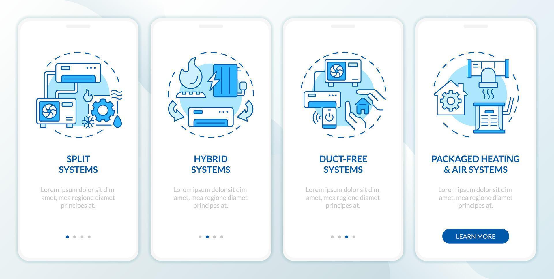 les types de HVAC systèmes bleu l'intégration mobile app filtrer. procédure pas à pas 4 pas modifiable graphique instructions avec linéaire concepts. interface utilisateur, ux, gui modèle vecteur