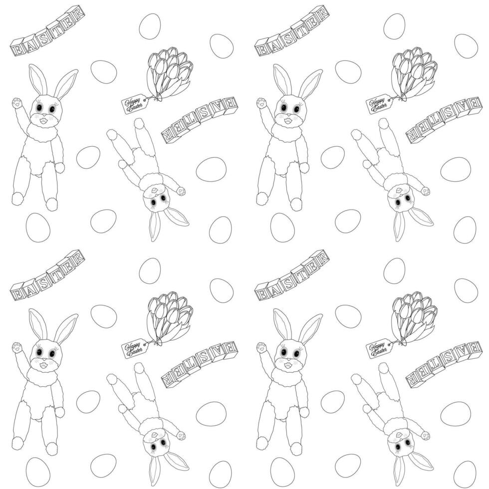 Pâques œufs, lapins, une bouquet de tulipes, et enfants blocs avec le mot Pâques. mignonne Pâques coloration pages pour enfants. contour dessin vecteur