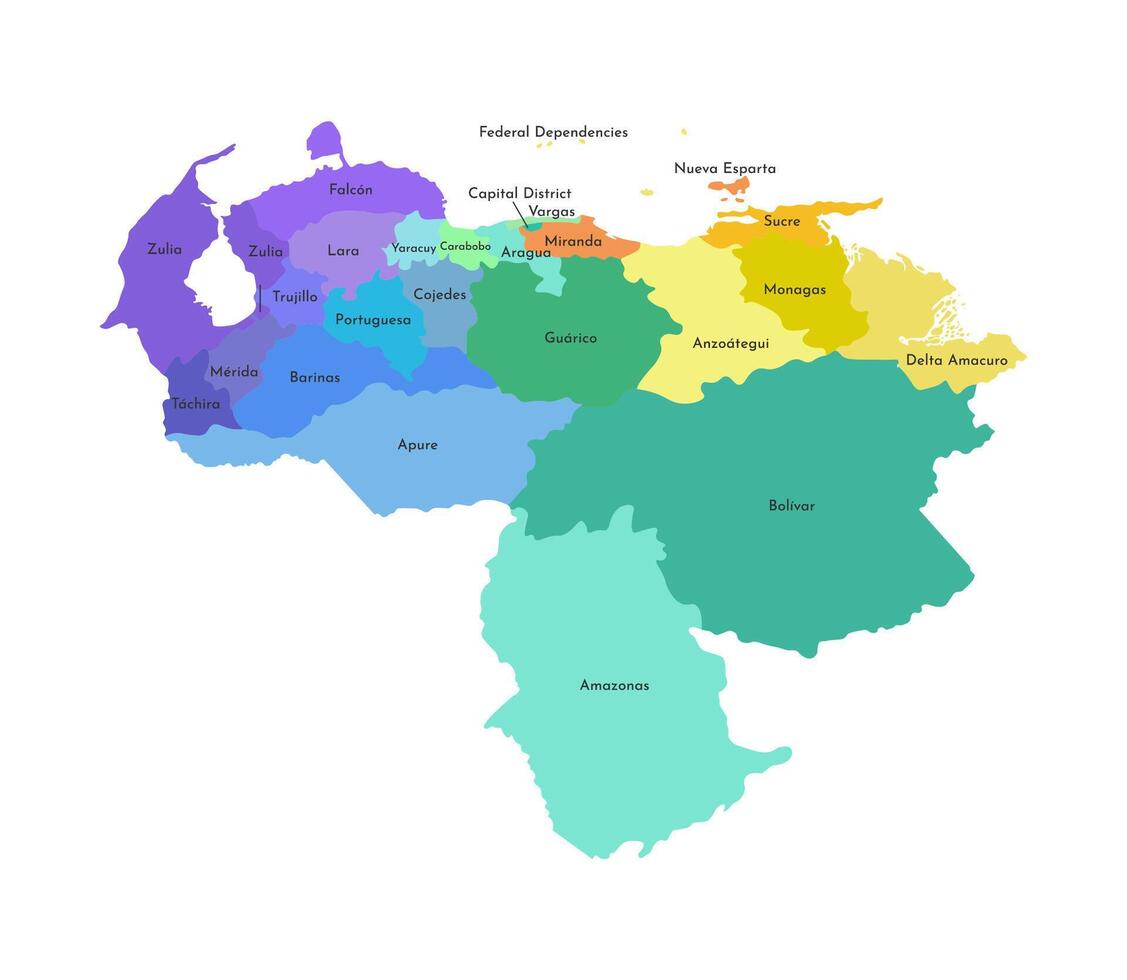 isolé illustration de simplifié administratif carte de Venezuela. les frontières et des noms de le Régions. multi coloré silhouettes. vecteur
