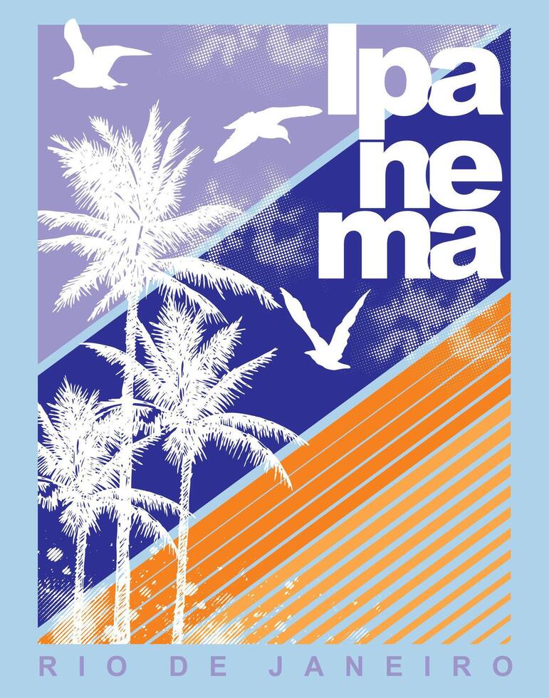coloré illustration de noix de coco arbre silhouette dans composition avec rayures et texte en relation à ipanema plage, Rio de janeiro, Brésil. vecteur