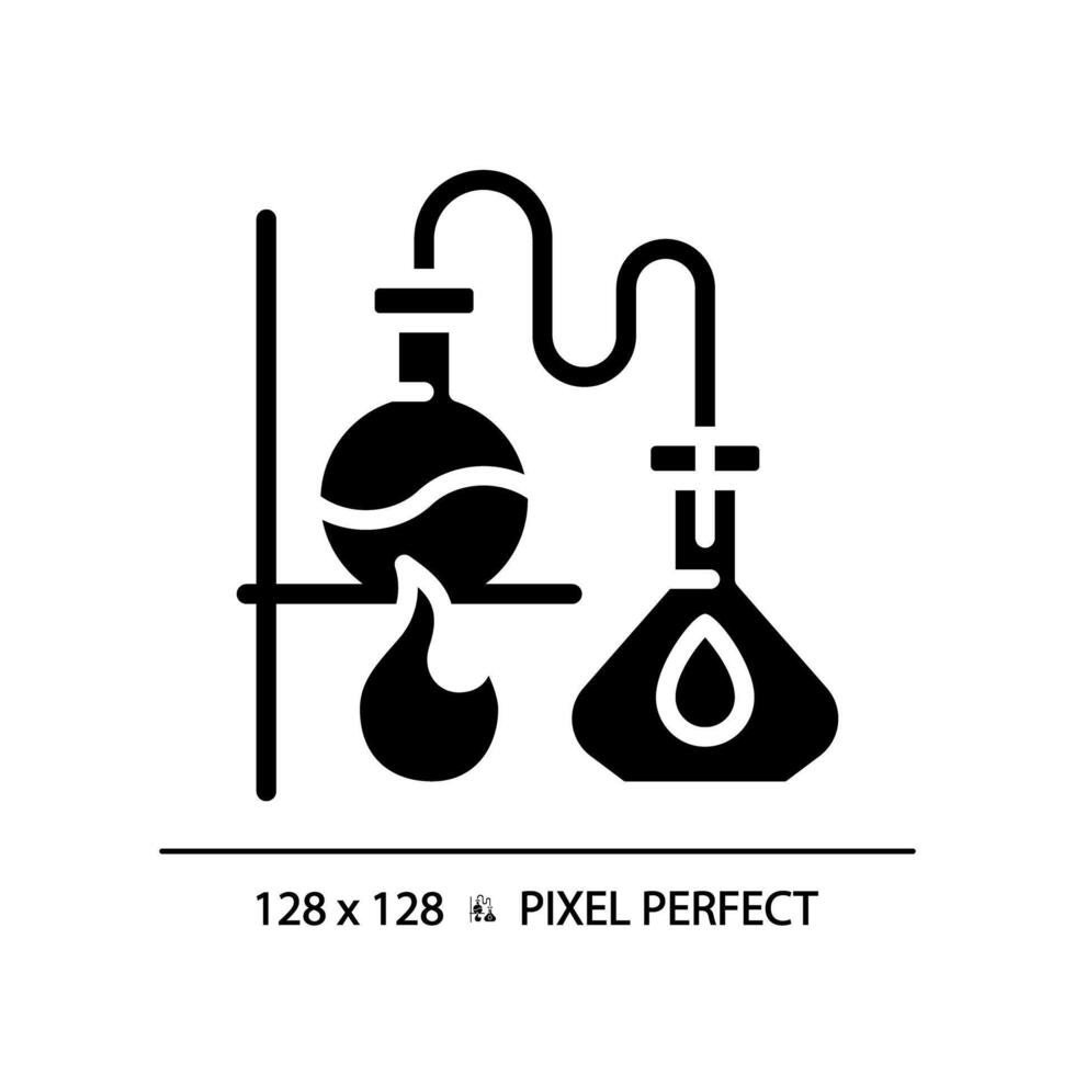 distillation noir glyphe icône. chimie laboratoire. ébullition ballon. chimique expérience. séparation processus. silhouette symbole sur blanc espace. solide pictogramme. isolé illustration. pixel parfait vecteur