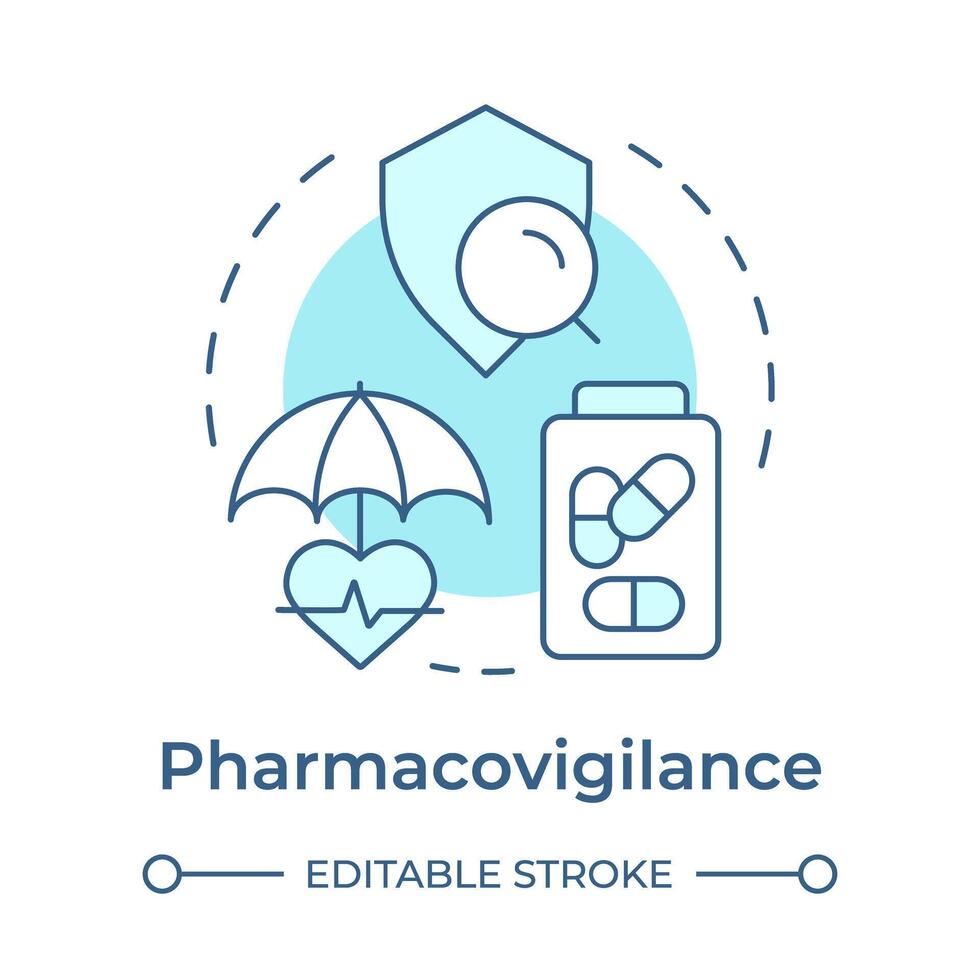 pharmacovigilance doux bleu concept icône. patient soutien prestations de service. clinique étude, scientifique littérature. rond forme ligne illustration. abstrait idée. graphique conception. facile à utilisation dans infographie vecteur