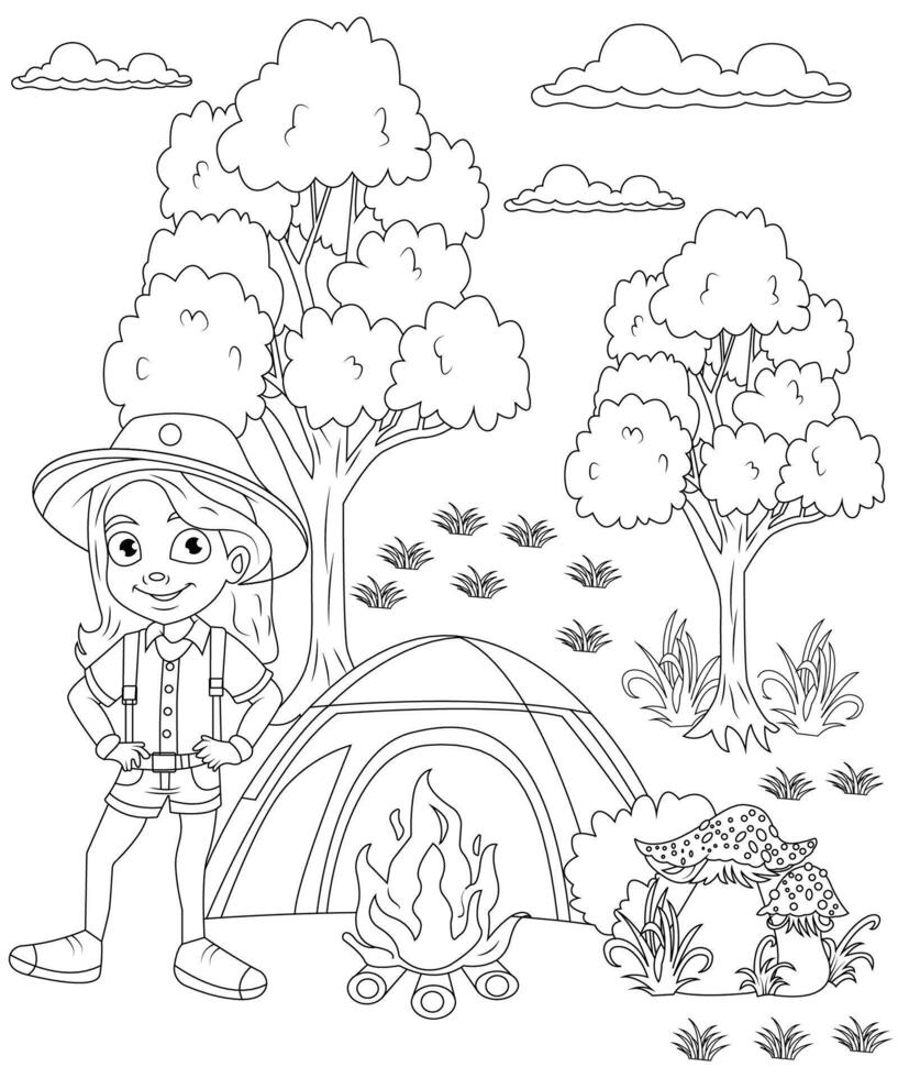 unique et mignonne camping livre page pour les enfants. coloration page pour des gamins et adultes. camping coloration vecteur