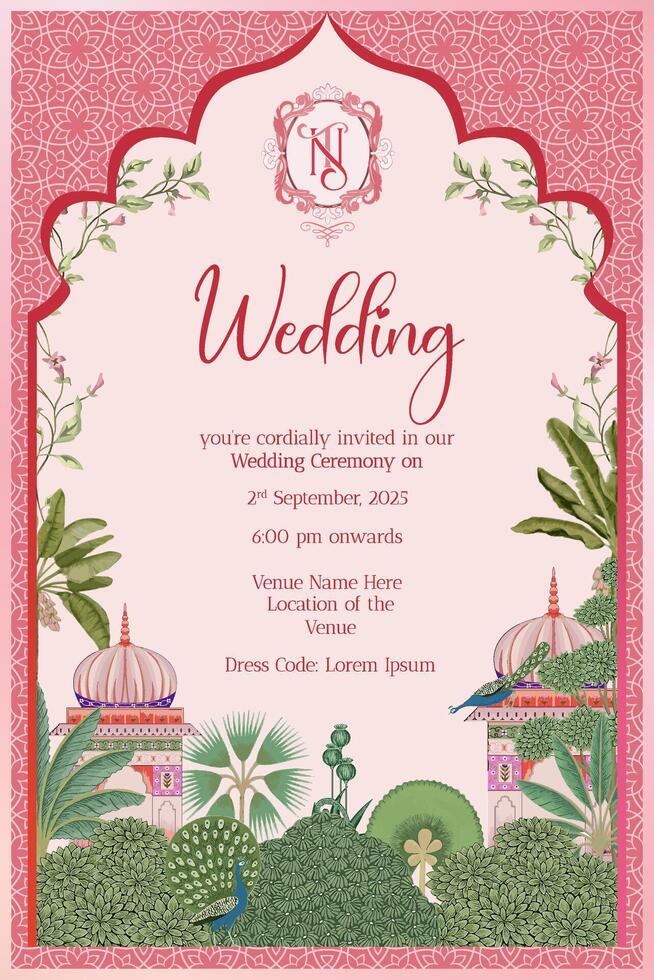 traditionnel Indien Mughal mariage journée invitation carte conception avec cambre, NT monogramme avec crête, Mughal décoré dôme, rouge Contexte tropical arbre, pichwai art vecteur