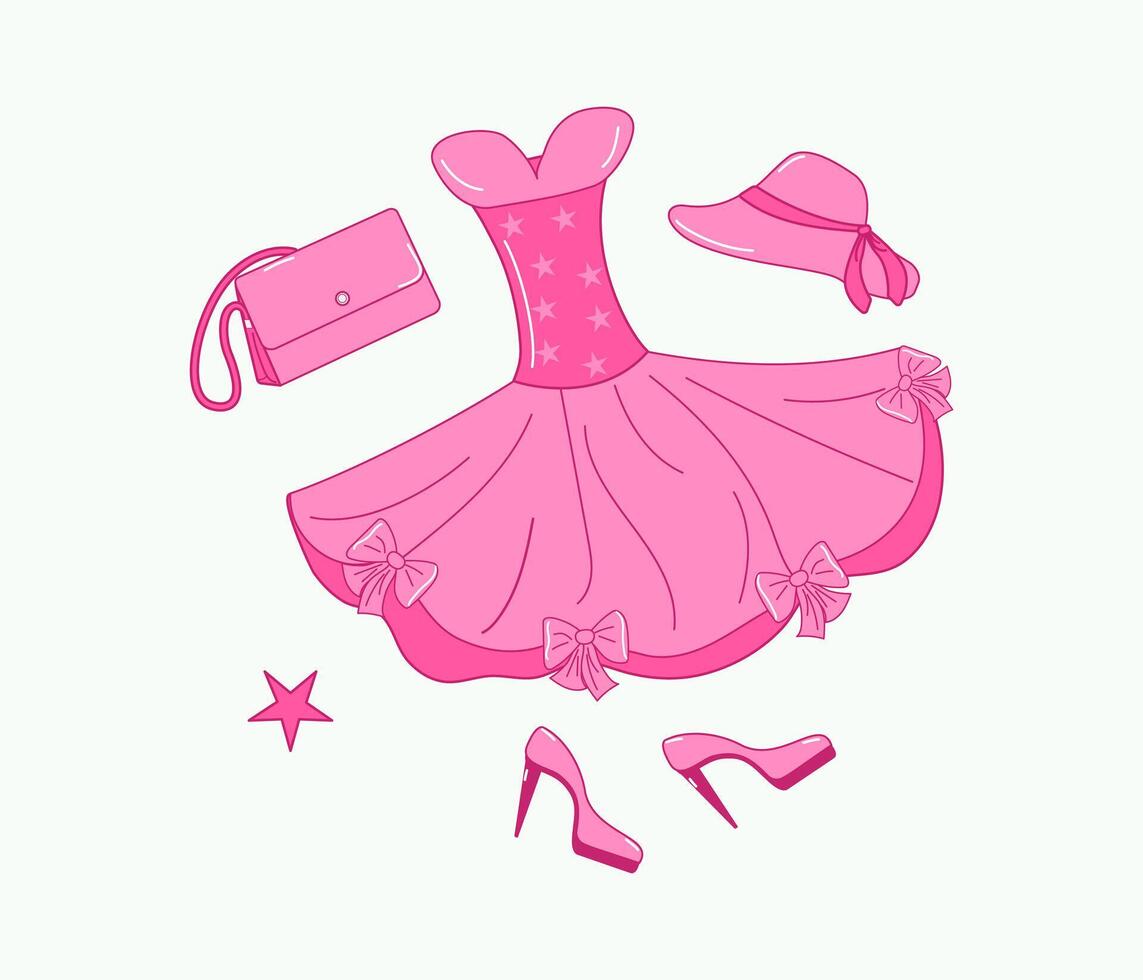 rose à la mode de fête collection. Balle robe, chaussures, sac, chapeau. une ensemble de poupée accessoires et vêtements pour une princesse. illustration, isolé Contexte. vecteur