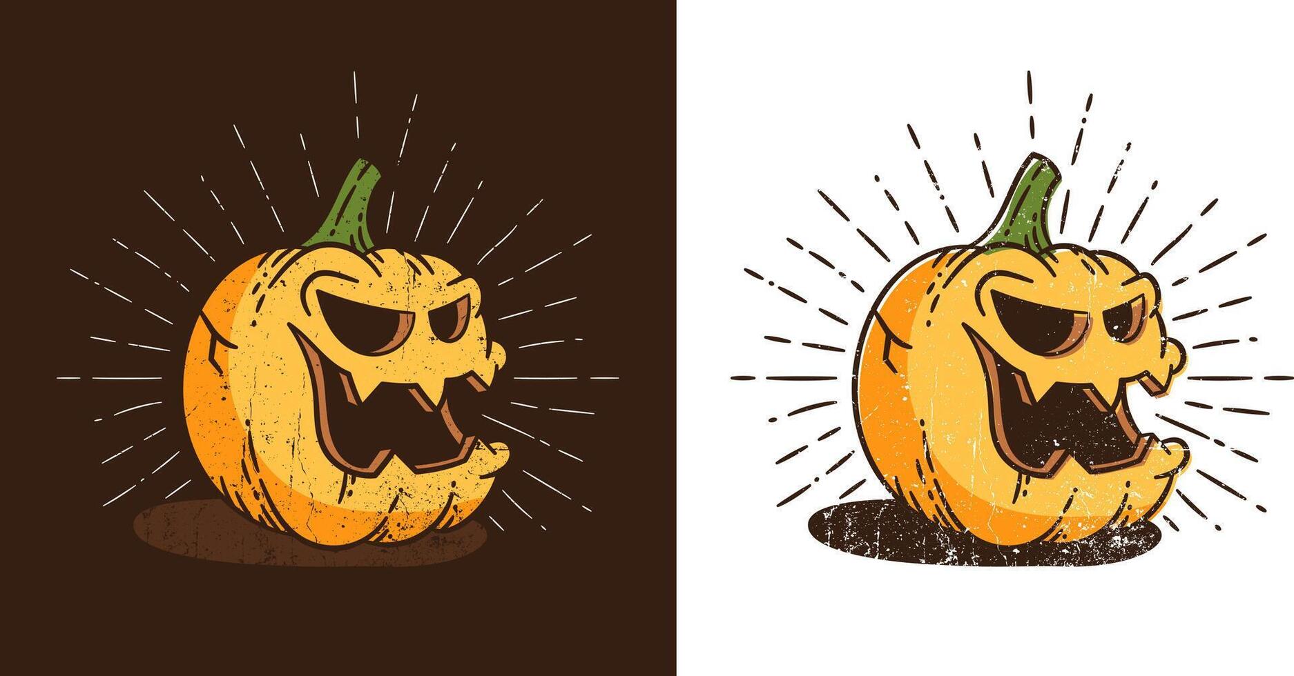 ancien Halloween citrouille dans rétro style souriant avec branché sunburst vecteur