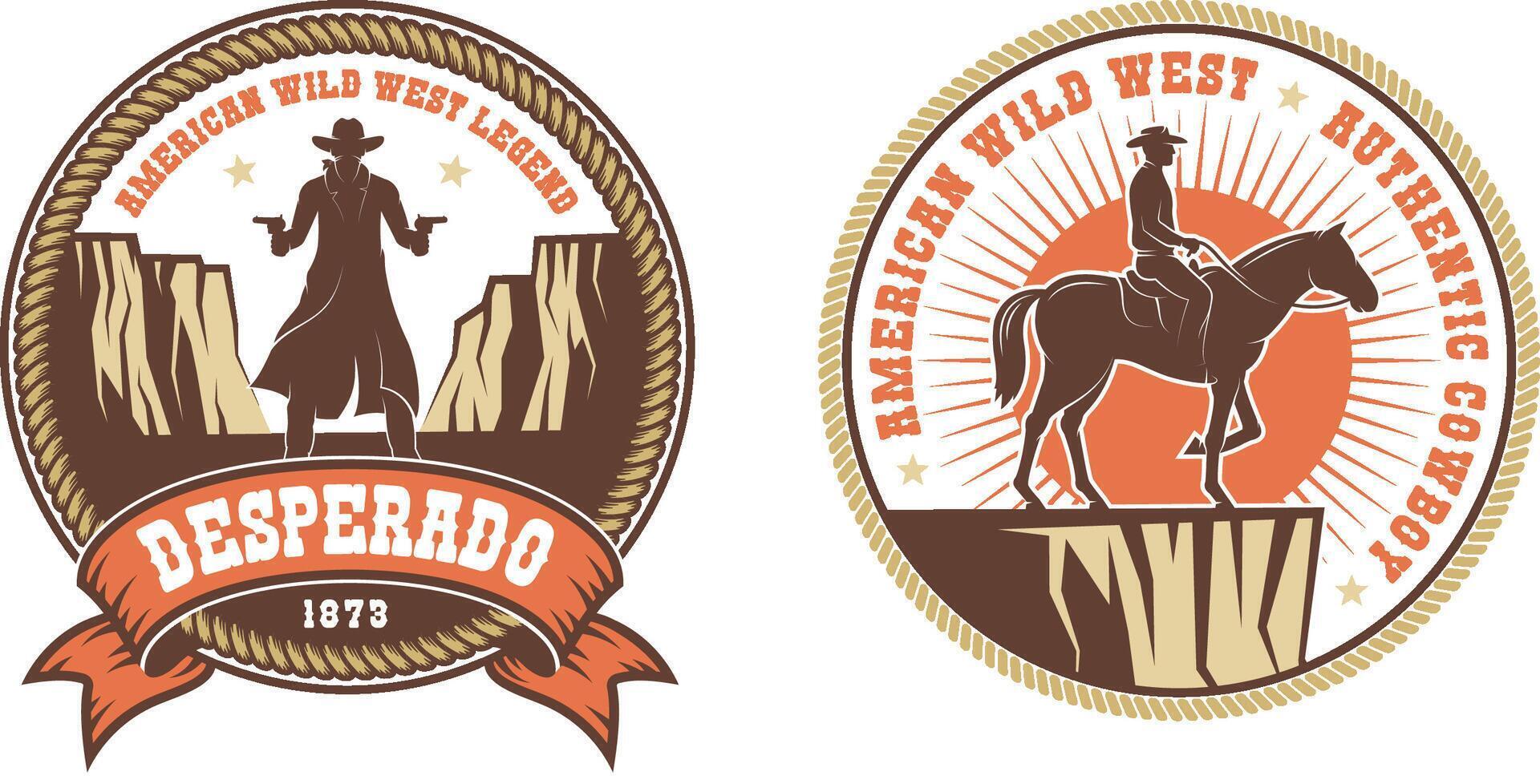 occidental américain logo avec cow-boy bandit et cheval cavalier vecteur