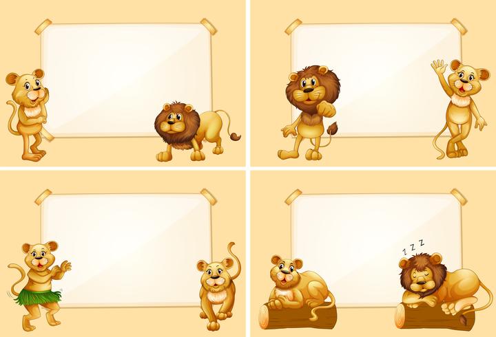 Quatre modèles de bordure avec des lions mignons vecteur