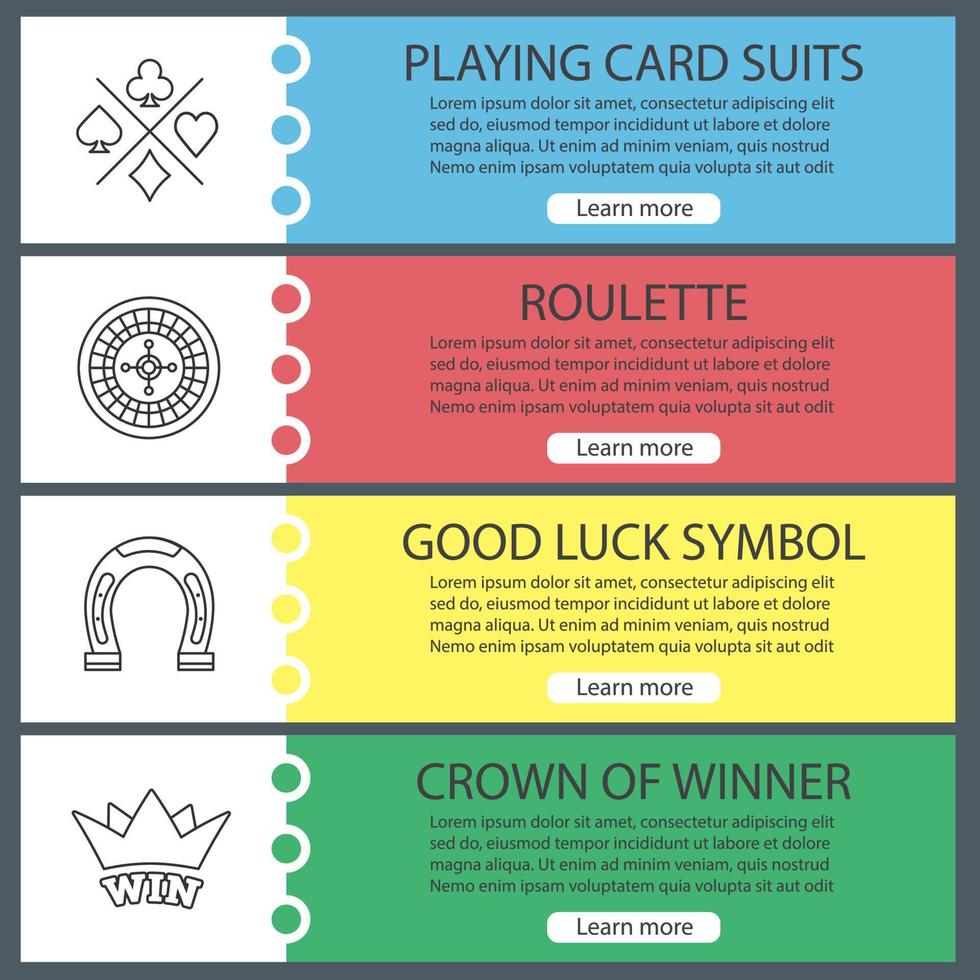 ensemble de modèles de bannière web de casino. costumes de cartes à jouer, roulette, fer à cheval, couronne du gagnant. éléments de menu de couleur de site Web avec des icônes linéaires. concepts de conception d'en-têtes de vecteur