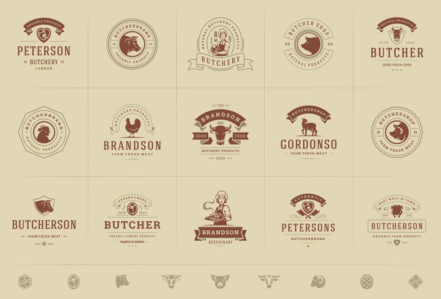 Boucher magasin logos ensemble illustration bien pour ferme ou restaurant badges avec animaux et Viande silhouettes vecteur