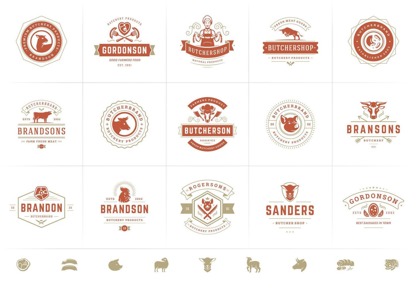 Boucher magasin logos ensemble illustration bien pour ferme ou restaurant badges avec animaux et Viande silhouettes vecteur