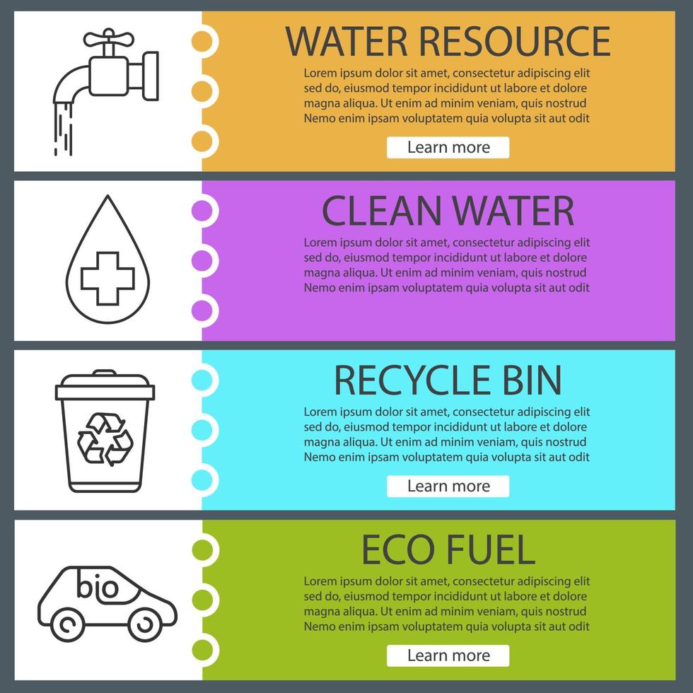 ensemble de modèles de bannière écologique. voiture bio, corbeille, robinet, eau potable. éléments de menu de site Web avec des icônes linéaires. bannière web couleur. concepts de conception d'en-têtes de vecteur