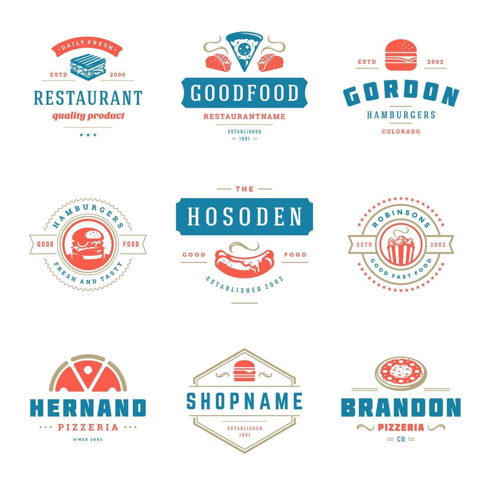 vite nourriture logos ensemble illustration bien pour pizzeria ou Burger magasin et restaurant menu badges avec nourriture silhouette vecteur