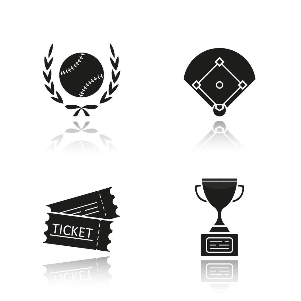 jeu d'icônes noires de l'ombre portée du championnat de baseball. balle de softball dans une couronne de laurier, terrain, billets, coupe du trophée d'or du gagnant. illustrations vectorielles isolées vecteur