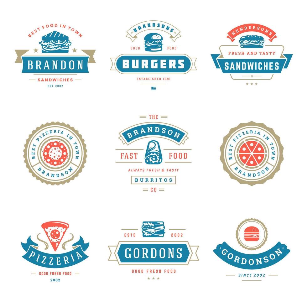 vite nourriture logos ensemble illustration bien pour pizzeria ou Burger magasin et restaurant menu badges avec nourriture silhouette vecteur