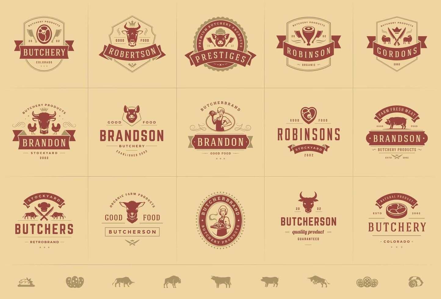 Boucher magasin logos ensemble illustration bien pour ferme ou restaurant badges avec animaux et Viande silhouettes vecteur