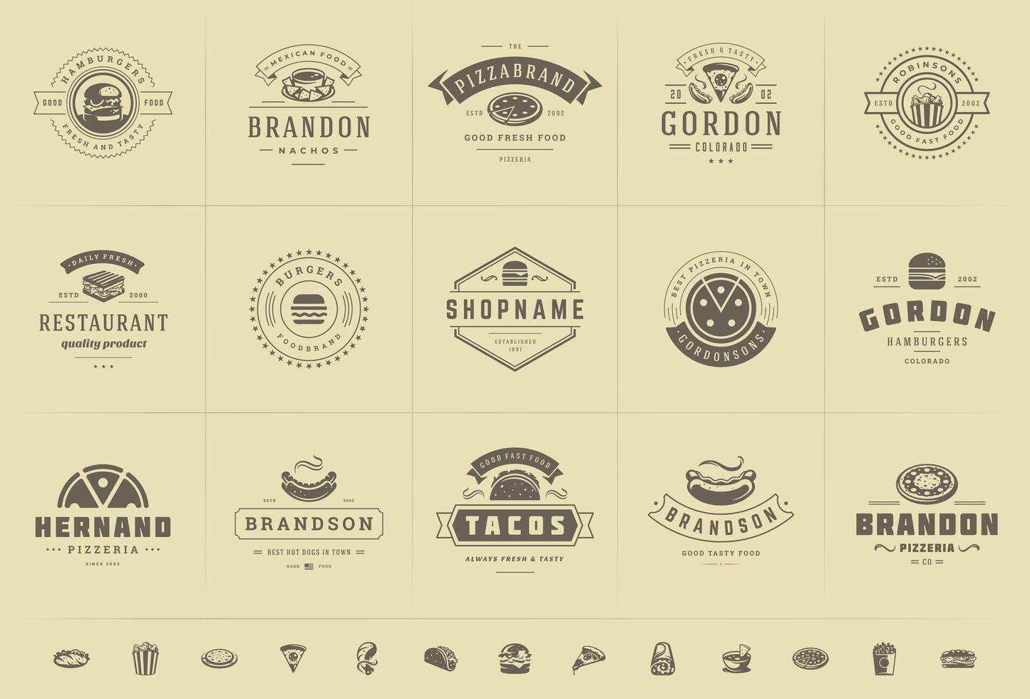 vite nourriture logos ensemble illustration bien pour pizzeria ou Burger magasin et restaurant menu badges avec nourriture silhouette vecteur
