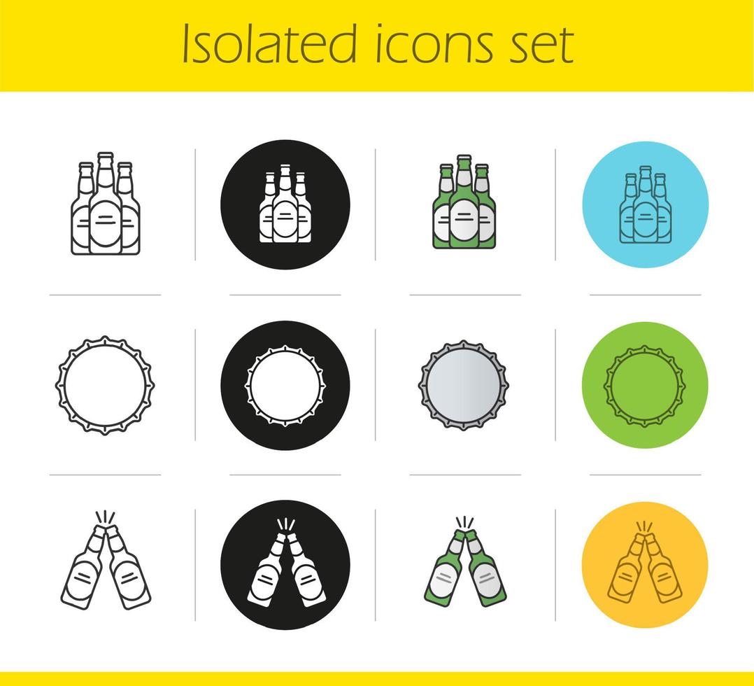 ensemble d'icônes de bière. styles linéaire, noir et couleur. faire griller des bouteilles de bière, bouchon de bouteille. illustrations vectorielles isolées vecteur