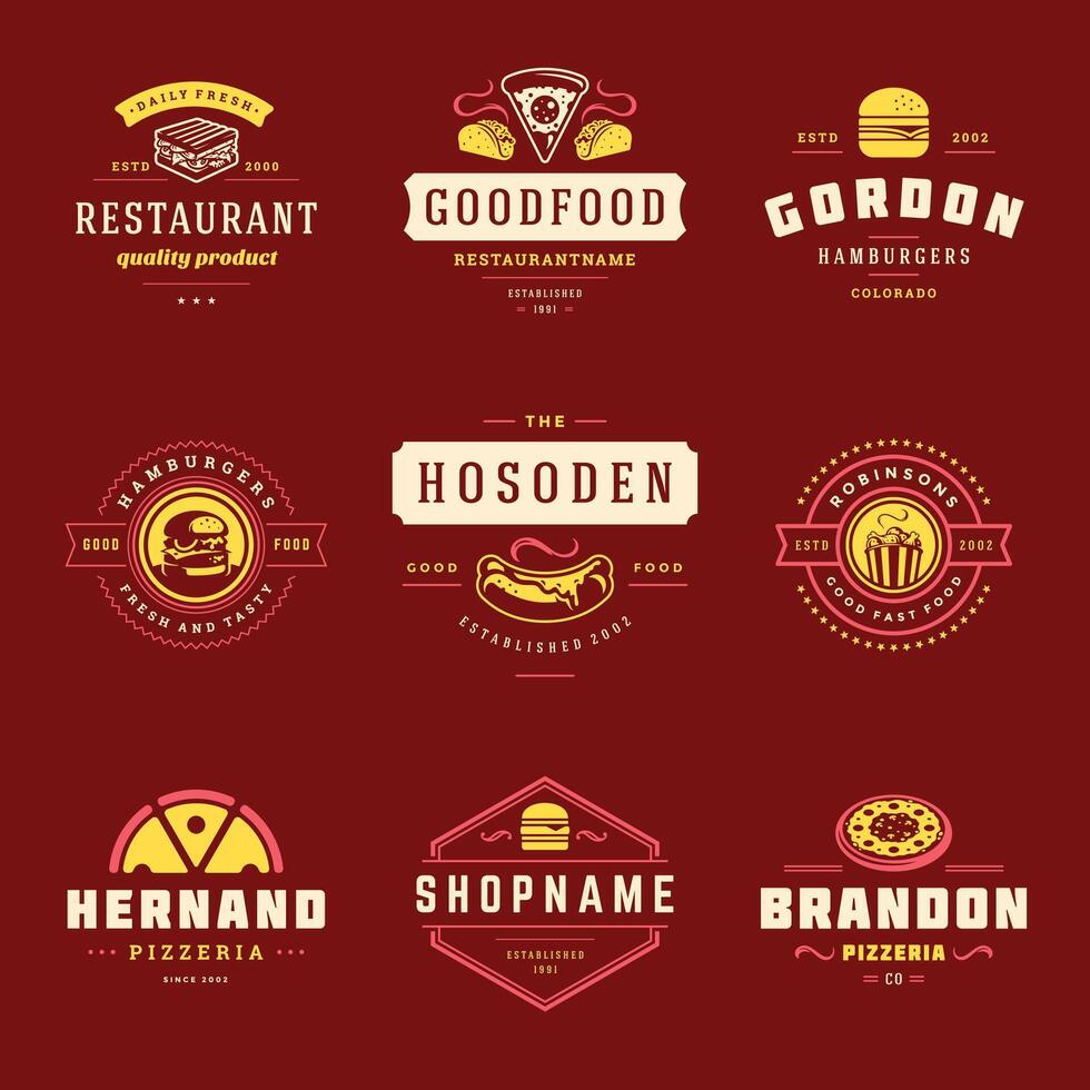 vite nourriture logos ensemble illustration bien pour pizzeria ou Burger magasin et restaurant menu badges avec nourriture silhouette vecteur