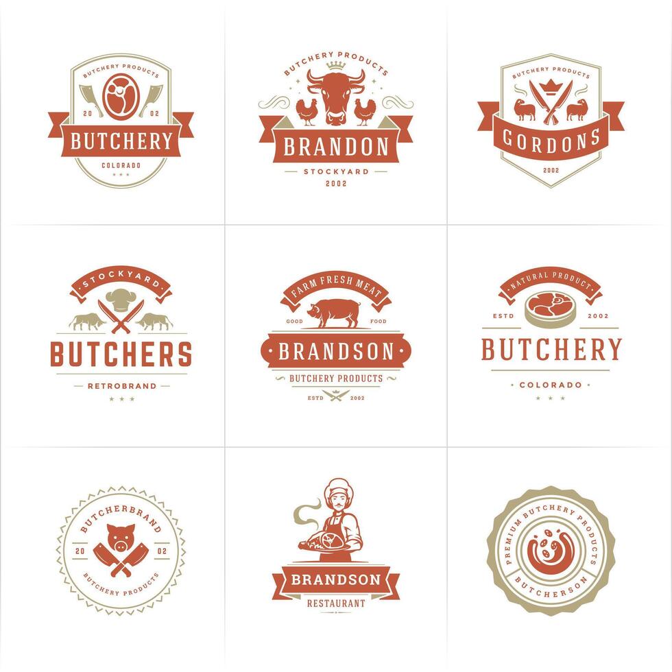 Boucher magasin logos ensemble illustration bien pour ferme ou restaurant badges avec animaux et Viande silhouettes vecteur