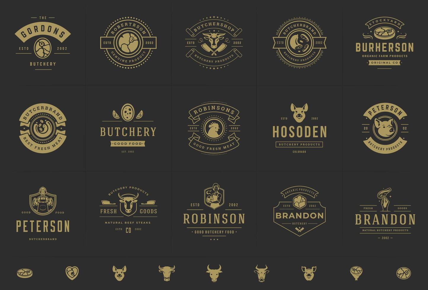 Boucher magasin logos ensemble illustration bien pour ferme ou restaurant badges avec animaux et Viande silhouettes vecteur