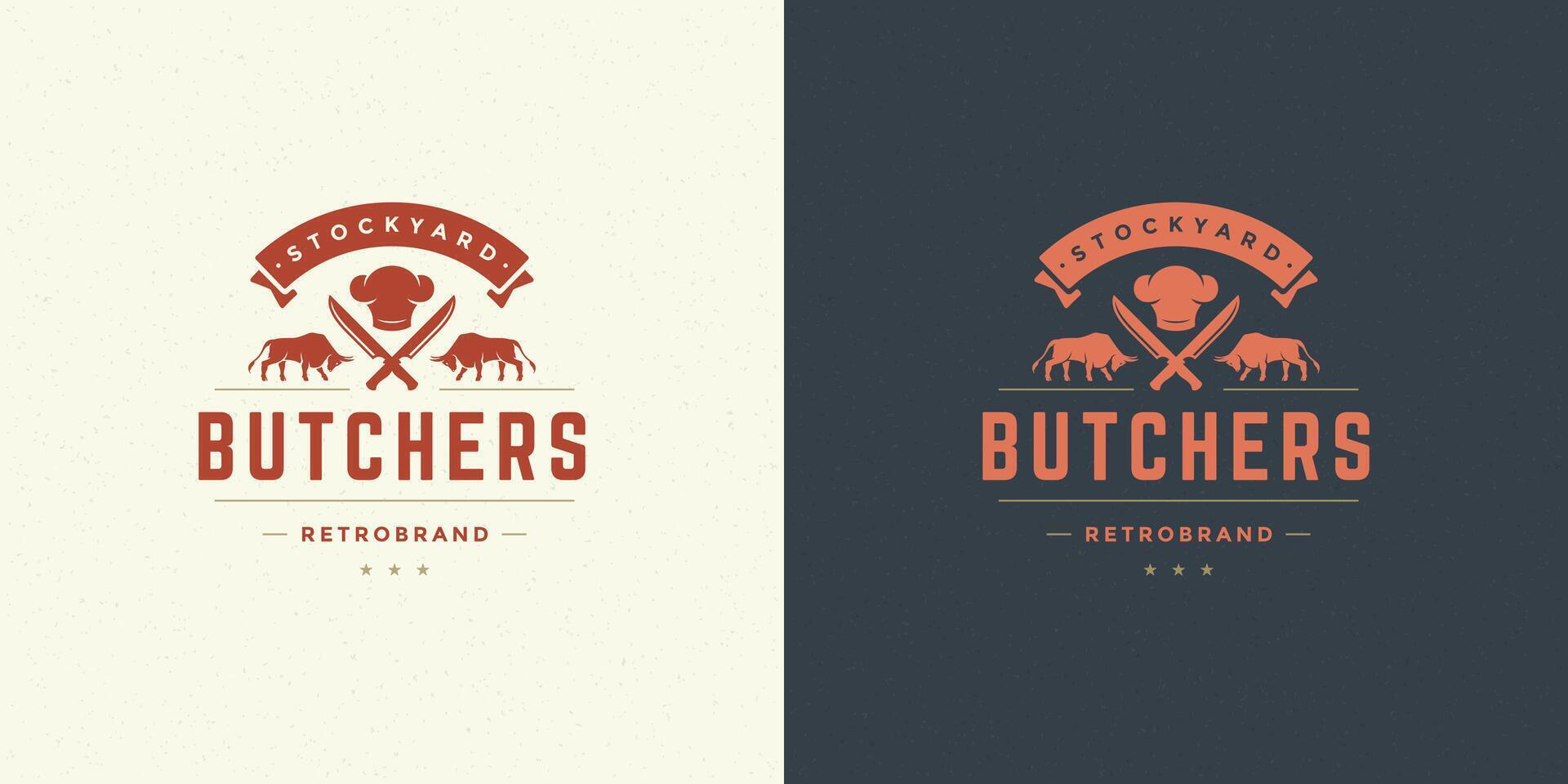 steak maison logo illustration taureaux avec couteaux silhouette bien pour ferme ou restaurant badge vecteur