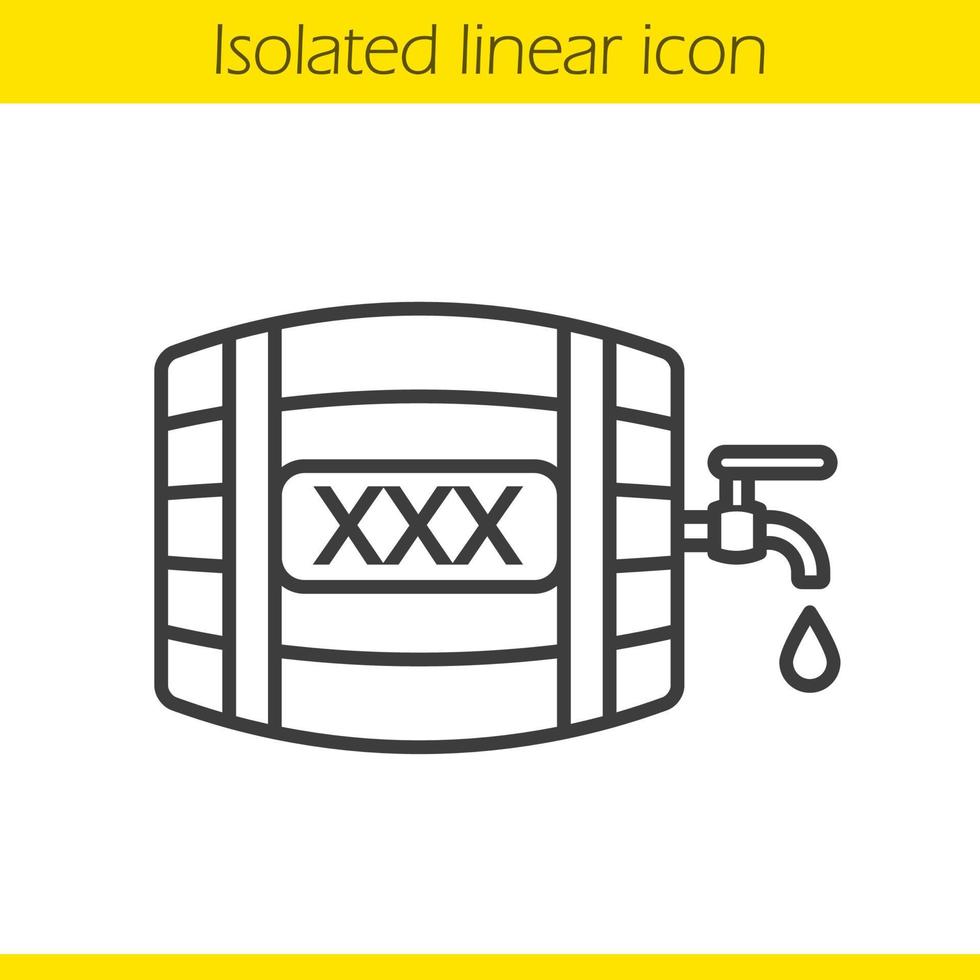 icône linéaire de tonneau en bois d'alcool. illustration de la ligne mince. baril de whisky ou de rhum avec robinet, goutte et signe xxx. symbole de contour. dessin de contour isolé de vecteur