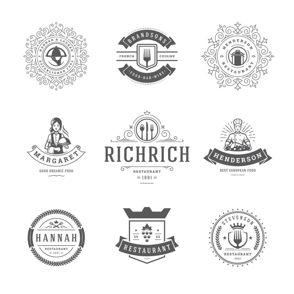 restaurant logos et badges modèles ensemble illustration. vecteur