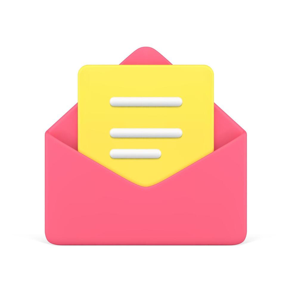 rouge ouvert enveloppe avec Jaune lettre à l'intérieur 3d icône illustration. cyberespace e-mail, poster, vecteur