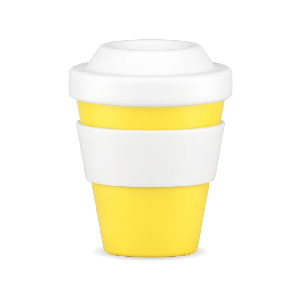 Jaune tasse pour café 3d icône. papier carton récipient avec blanc couvercle et jante vecteur