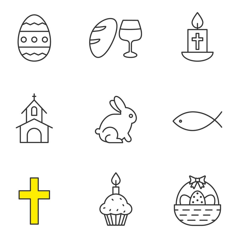 ensemble d'icônes linéaires de pâques. pain et vin, bougie, poisson, église, œuf de Pâques, gâteau avec bougie, lapin, panier, croix. symboles de contour de ligne mince. illustrations vectorielles isolées vecteur